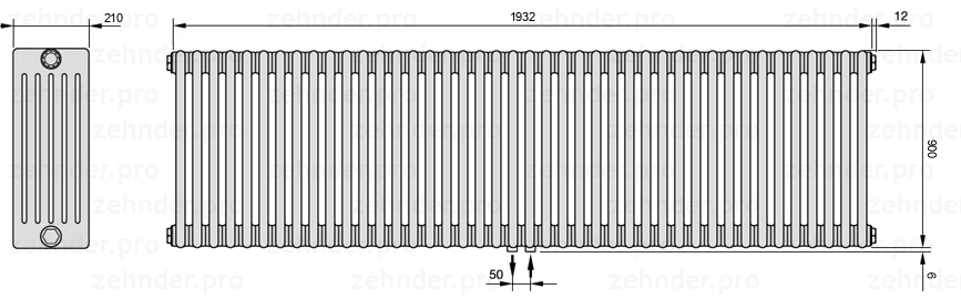 Схема (чертеж) Радиатор Zehnder Charleston 6090/42 №5410 Белый глянцевый RAL 9016